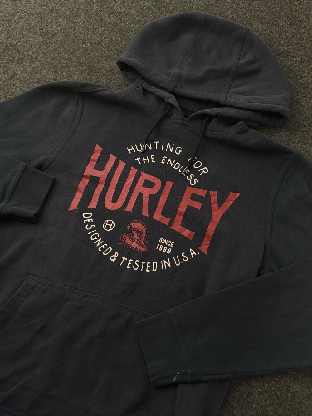 Hurley Mens S Graphic Hoodie Blue Pink Logo Fleece Sweatshirt VTG Distressed Y2K